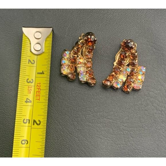Vintage Earrings Clip On Climber AB And Amber Rhinestones 60s 70s Estate - Picture 5 of 5